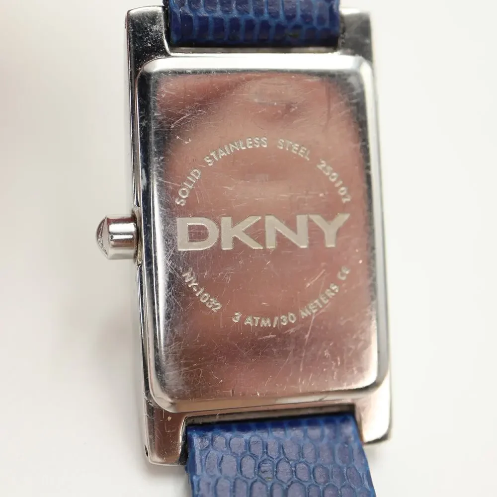DKNY Silver Tone Dome Tank 23mm Women Watch Rectangle Blue Leather w New Battery